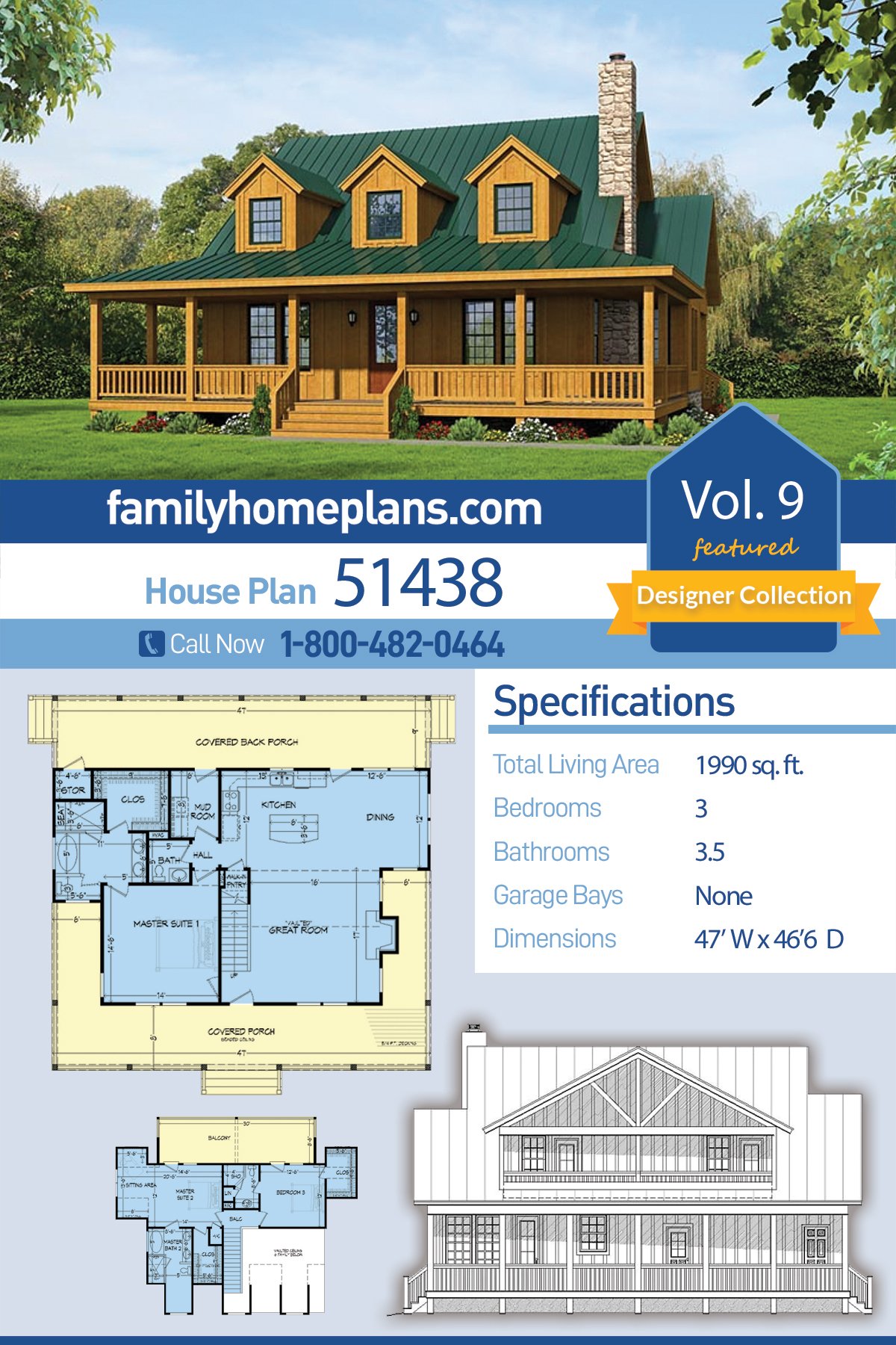 Plan 51438 | Country Style with 3 Bed, 4 Bath