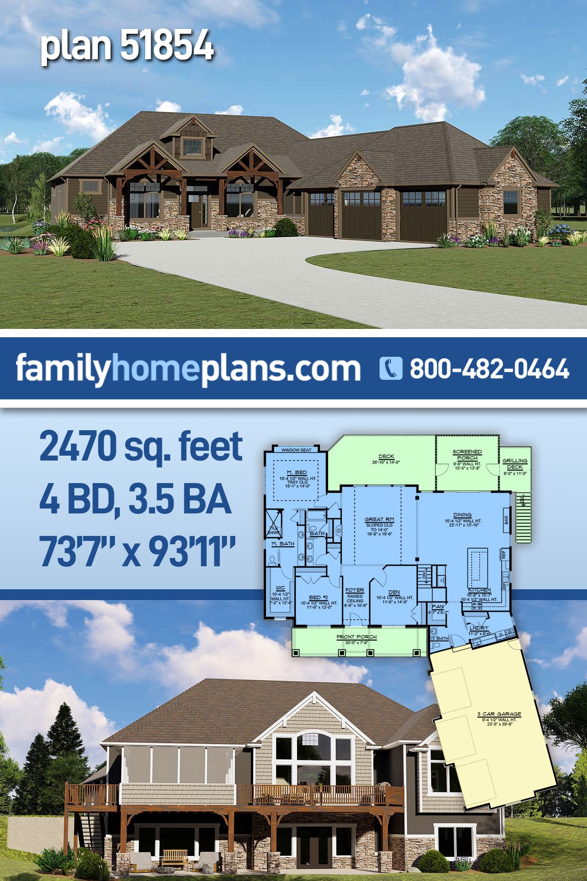 Country, Craftsman, Ranch House Plan 51854 with 4 Beds, 4 Baths, 3 Car Garage