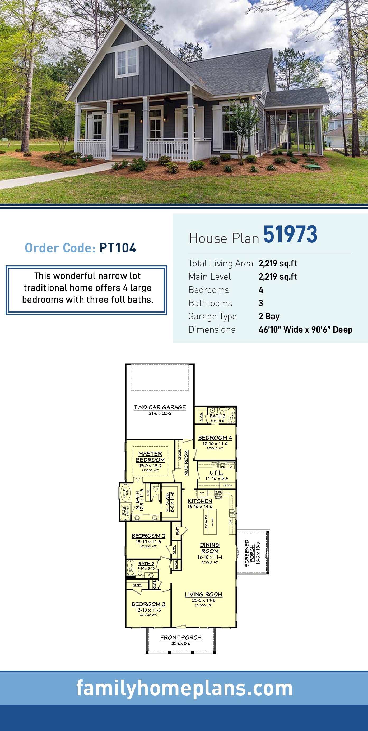 Plan 51973 | Narrow Lot Traditional Home Floor Plans