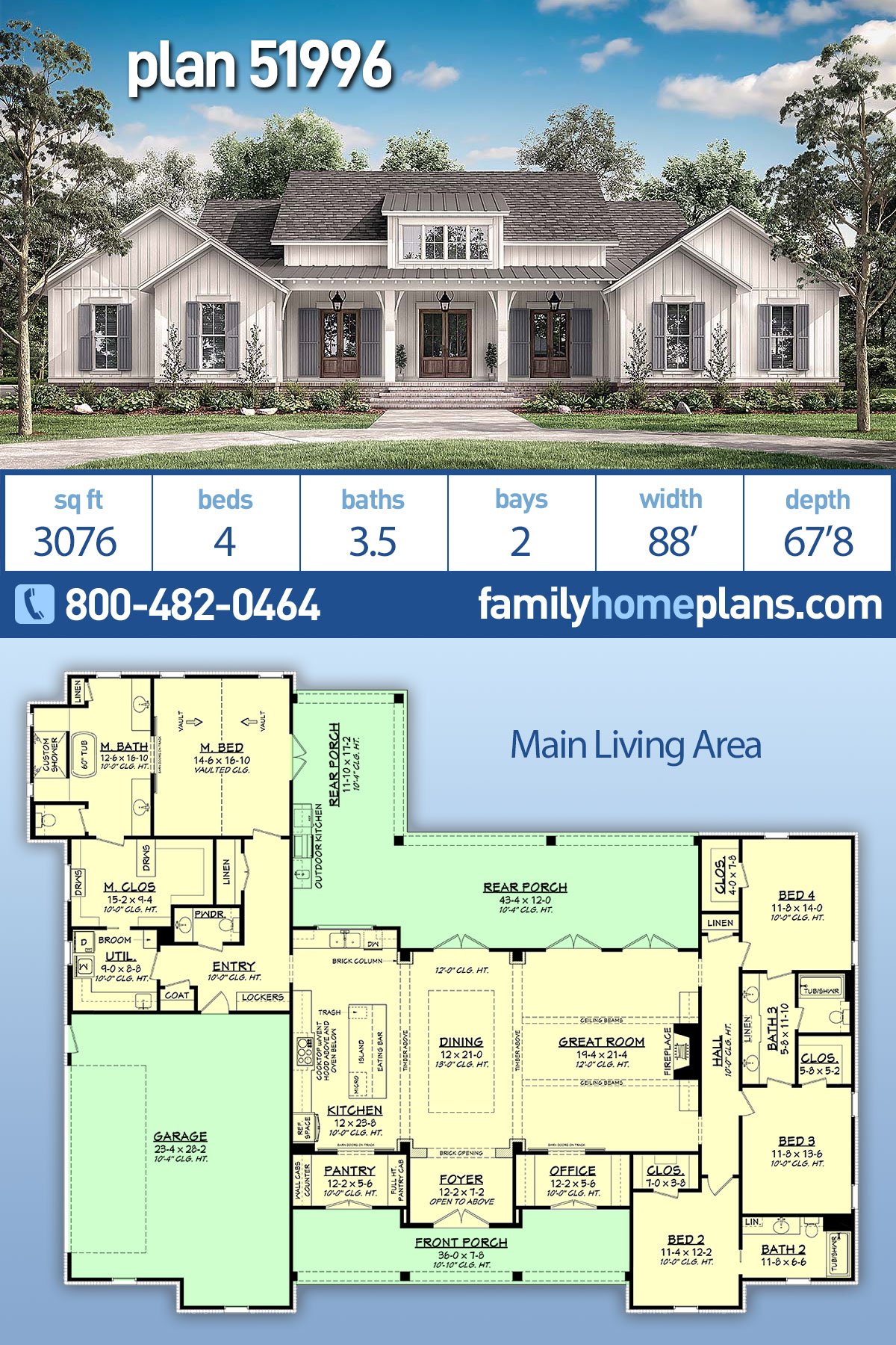 Country, Craftsman, Farmhouse House Plan 51996 with 4 Beds, 4 Baths, 2 Car Garage