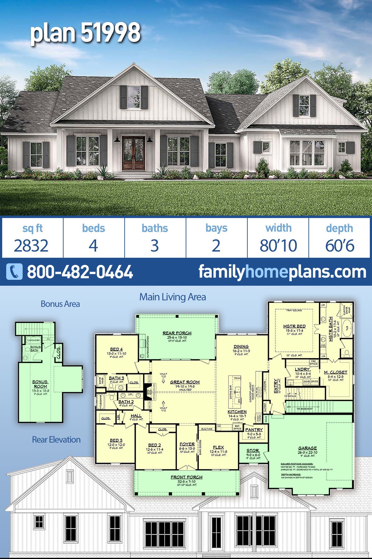 Country, Farmhouse, Southern House Plan 51998 with 4 Beds, 3 Baths, 2 Car Garage