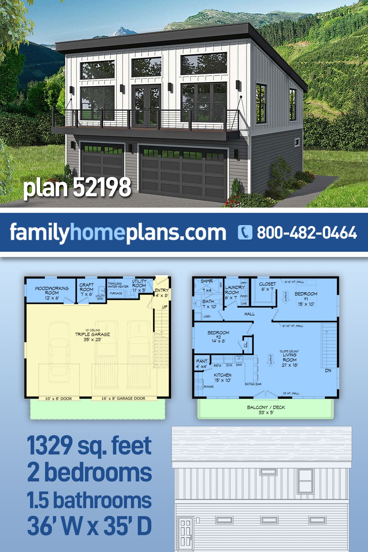 Plan 52198 | Modern Style with 2 Bed