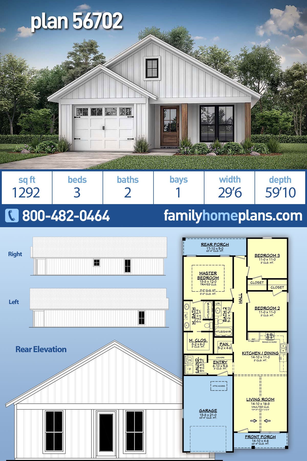 Country, Farmhouse, Traditional House Plan 56702 with 3 Beds, 2 Baths, 1 Car Garage
