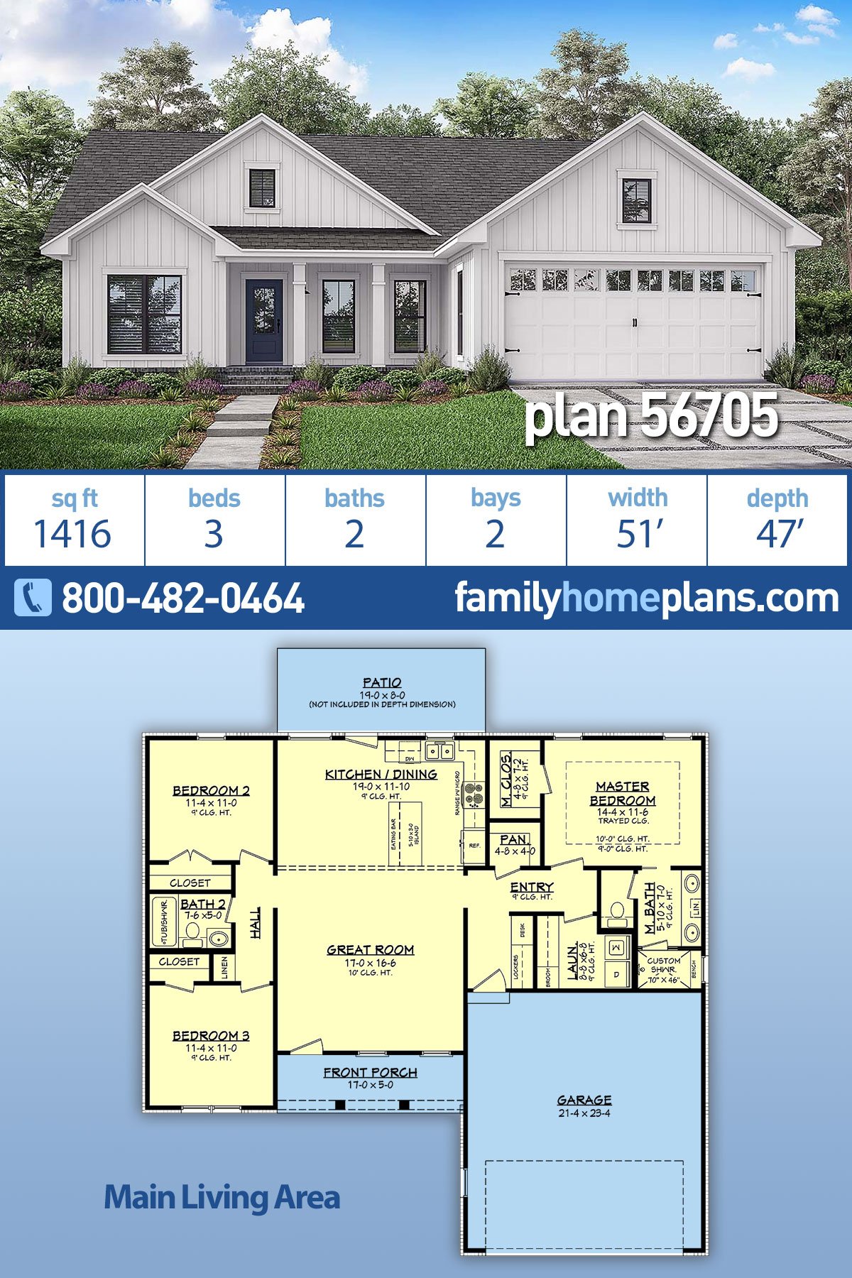 Country, Farmhouse, Traditional House Plan 56705 with 3 Beds, 2 Baths, 2 Car Garage