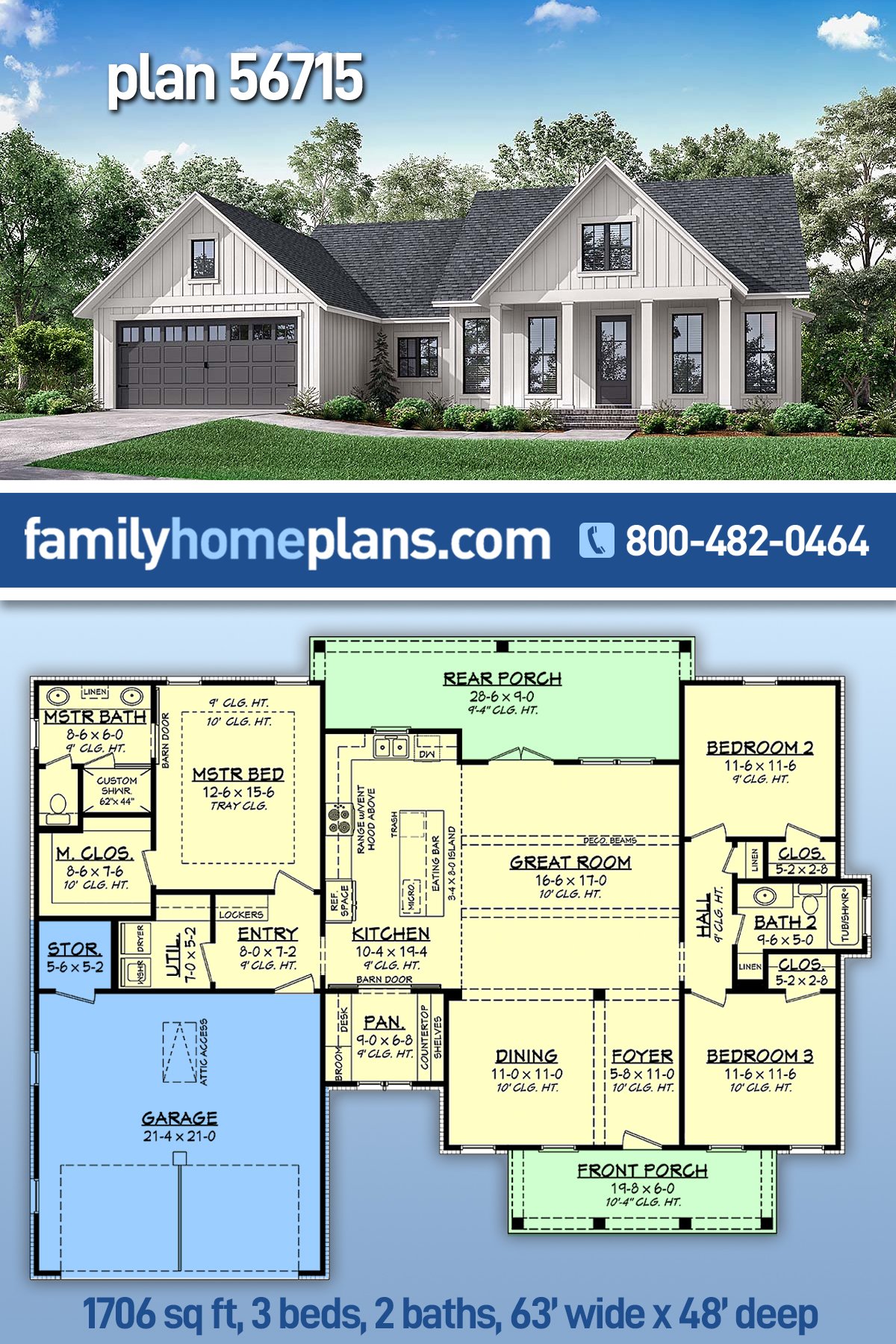 Country, Farmhouse, One-Story, Traditional House Plan 56715 with 3 Beds, 2 Baths, 2 Car Garage