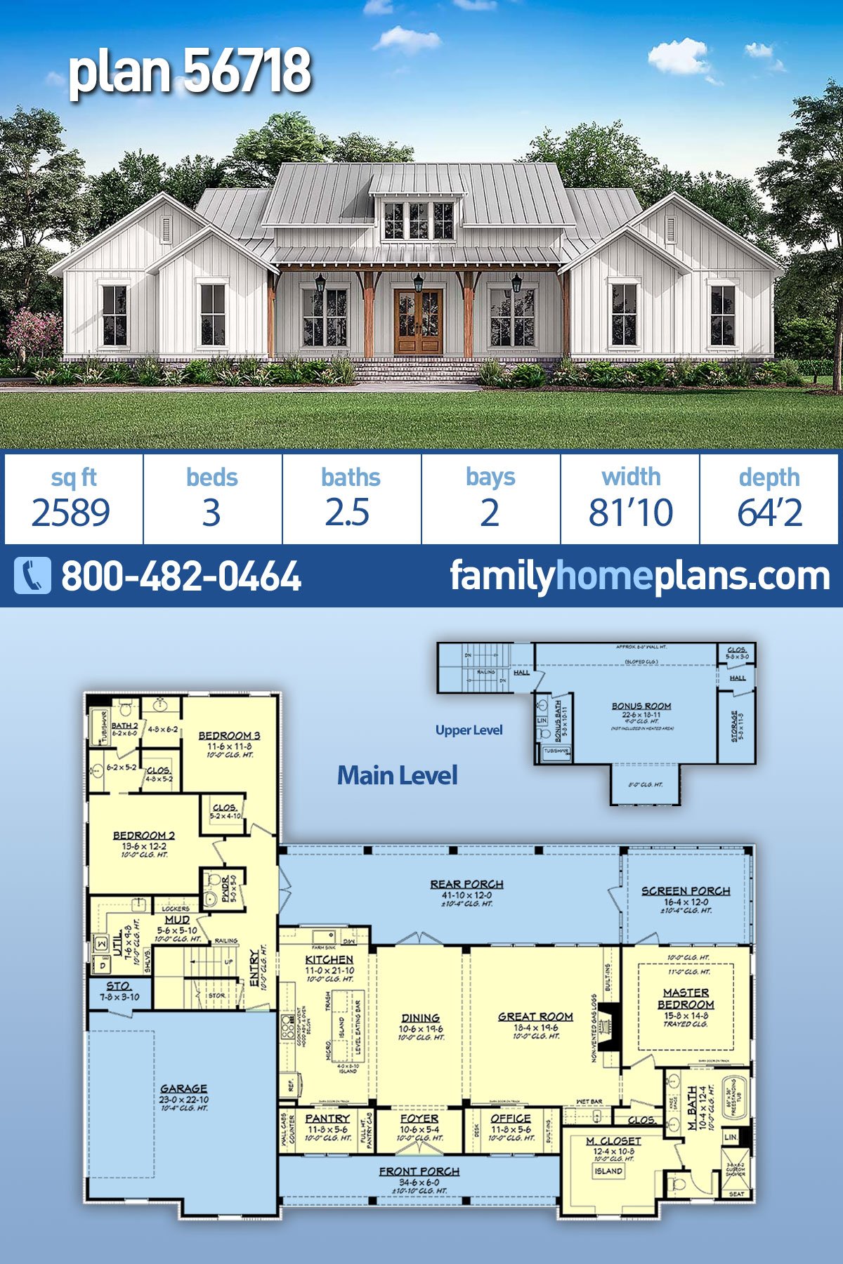 Country, Farmhouse, Southern, Traditional Style House Plan 56718