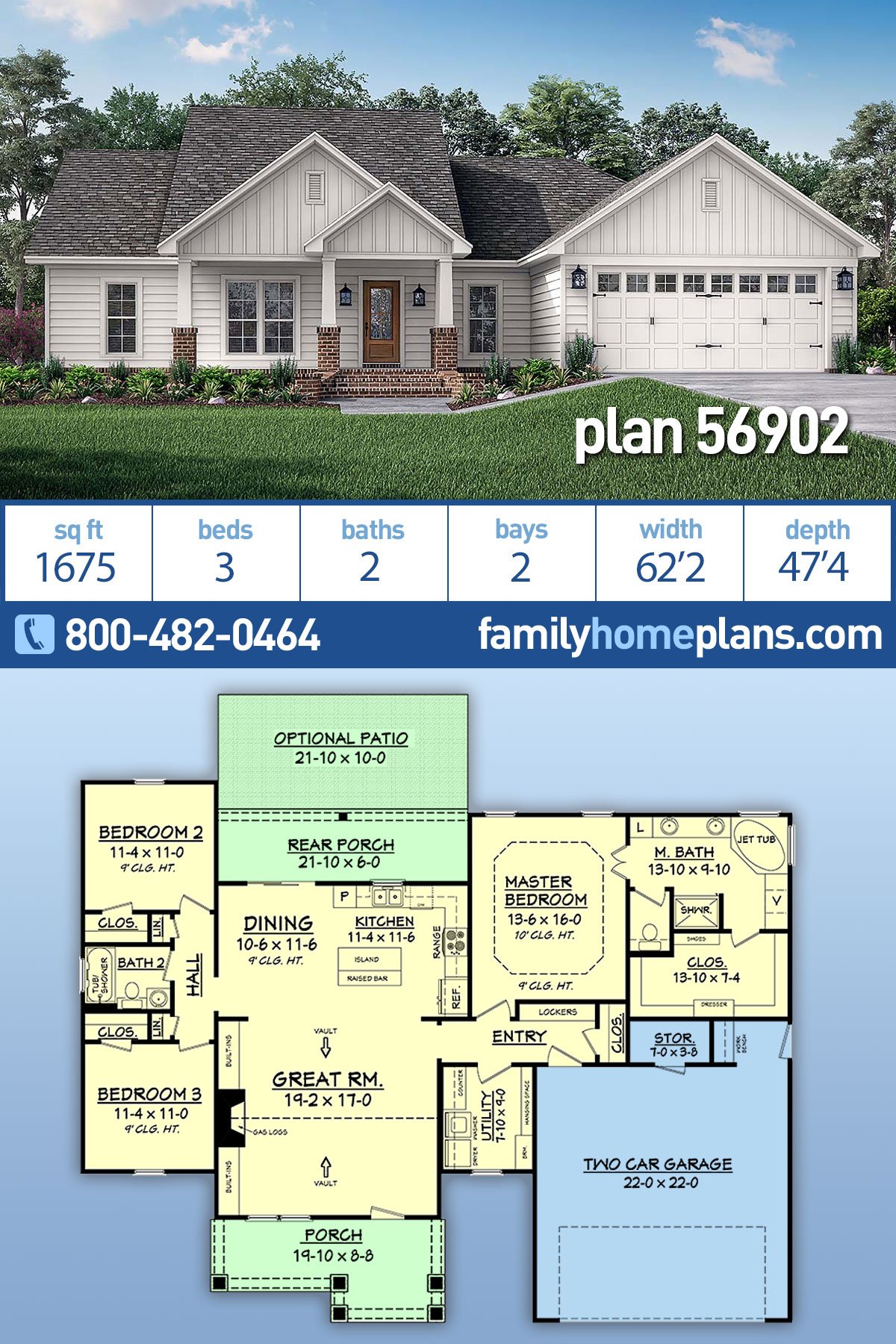 Cottage, Country, Craftsman, Traditional House Plan 56902 with 3 Beds, 2 Baths, 2 Car Garage