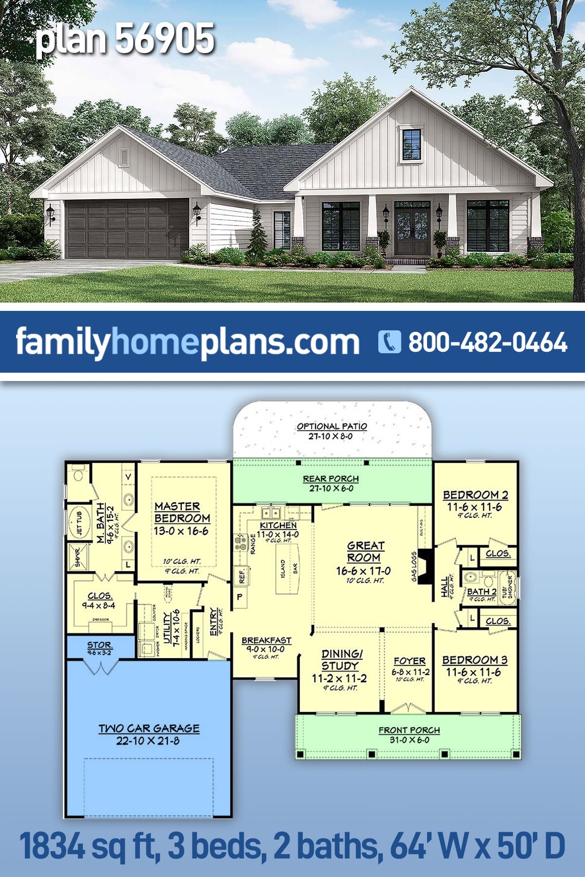 Plan 56905 | Country House Plans with Inviting Front Porch, 1834