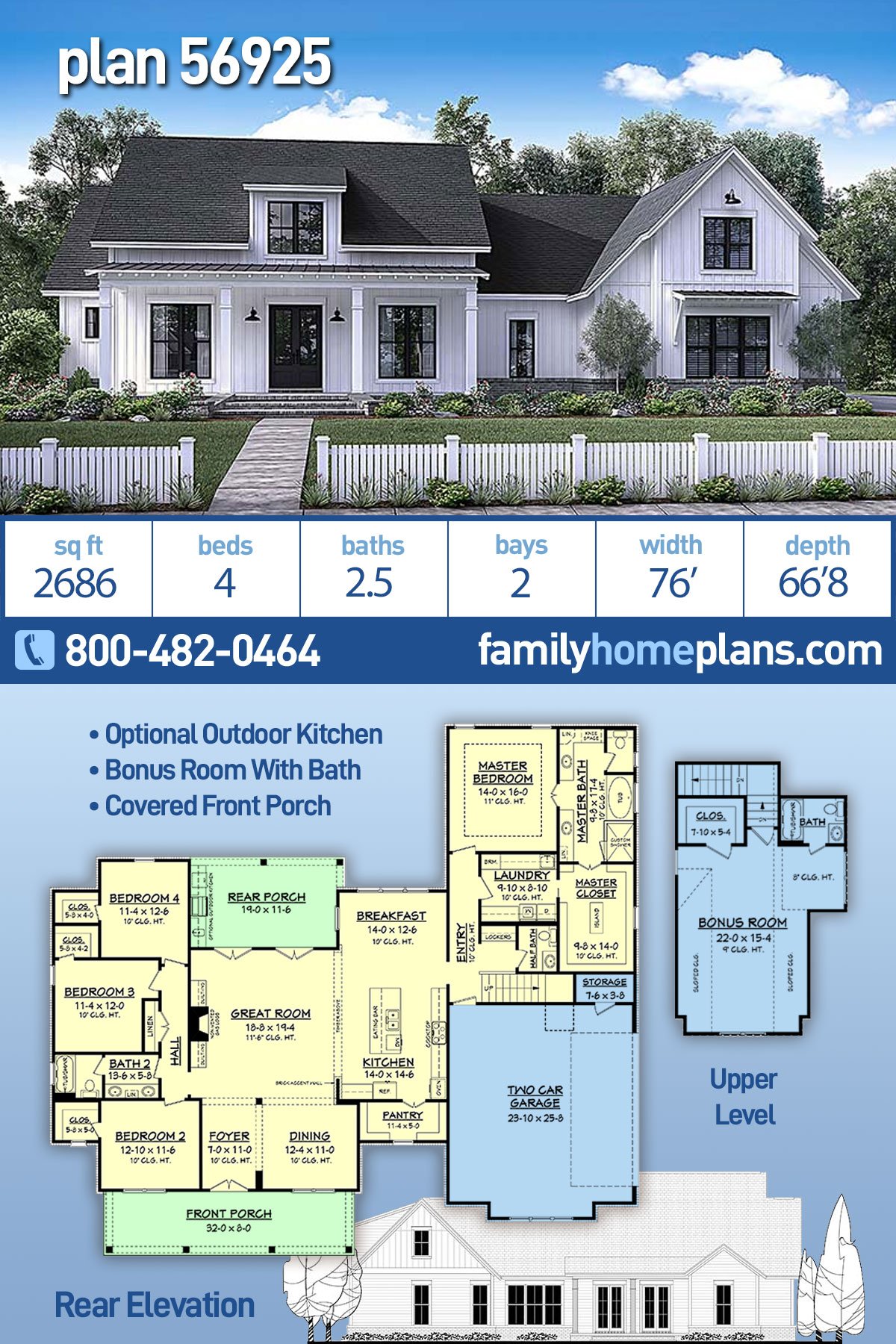 Plan 56925 | Popular Farmhouse Plan with 2686 Sq Ft, 4 Bedrooms,