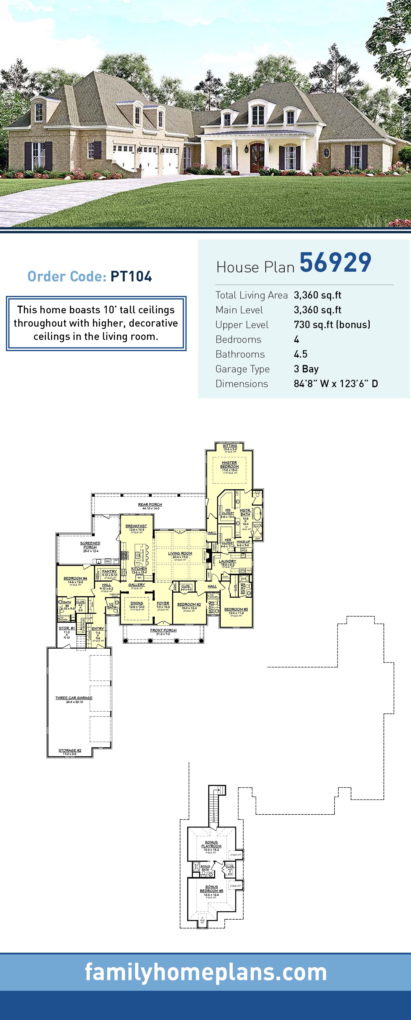 Plan 56929 Southern Country Style House Plan With 3360 Sq Ft 4 Beds 5 Baths And A 3 Car Garage