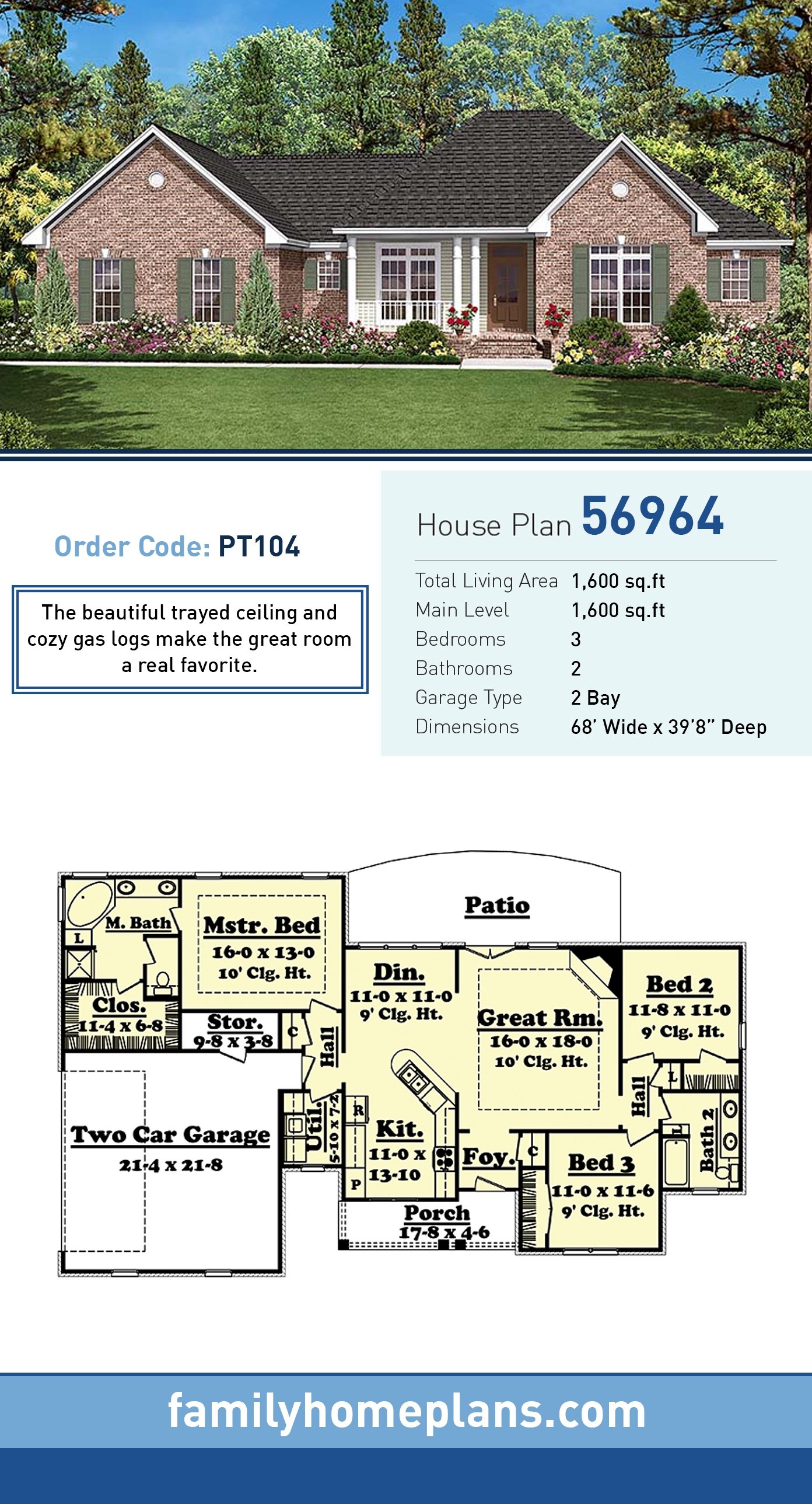 Plan 56964 | Traditional Style Country Home Design with Open Floor Plan