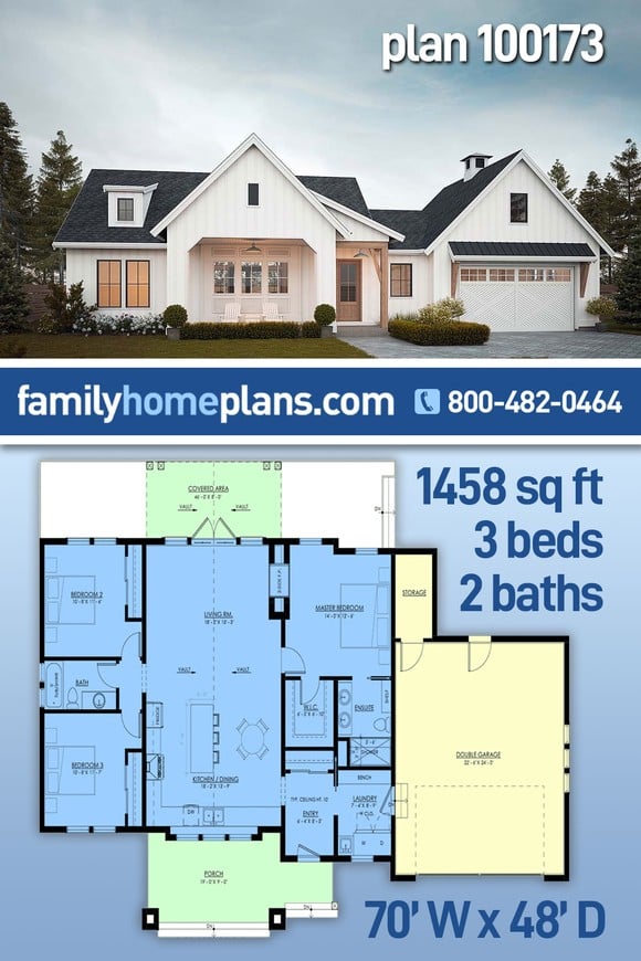 Farmhouse, New American Style, Ranch, Traditional House Plan 100173 with 3 Beds, 2 Baths, 2 Car Garage
