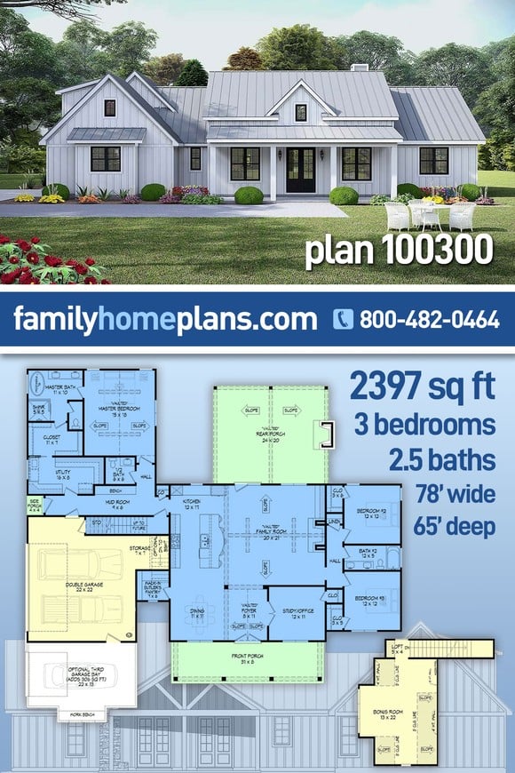 Country, Farmhouse, Ranch House Plan 100300 with 3 Beds, 3 Baths, 2 Car Garage