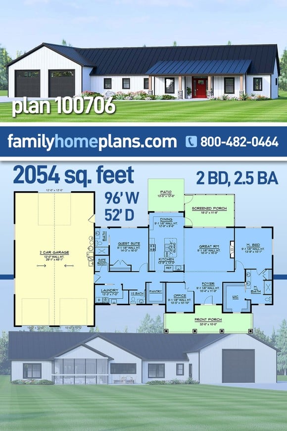 Barndominium, Country, Ranch House Plan 100706 with 2 Beds, 3 Baths, 2 Car Garage