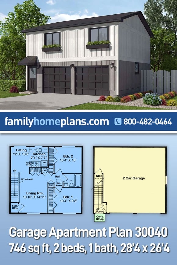 Contemporary, Modern Garage-Living Plan 30040 with 2 Beds, 1 Baths, 2 Car Garage