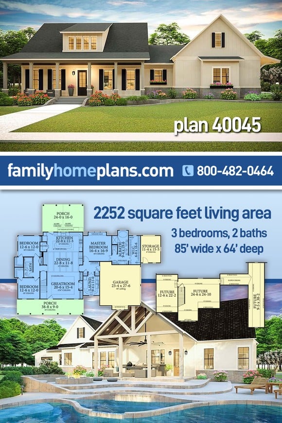 Country, Farmhouse, Southern House Plan 40045 with 3 Beds, 2 Baths, 2 Car Garage