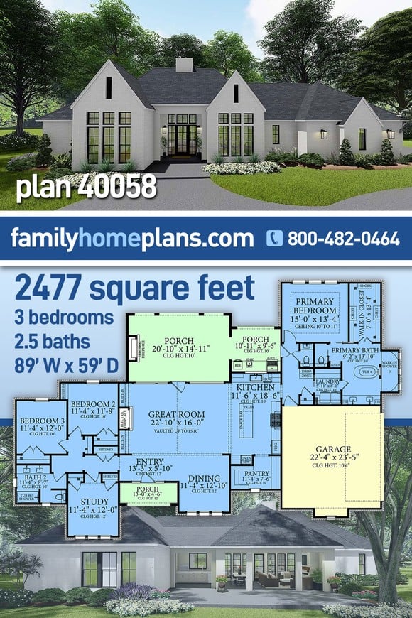 Contemporary, European House Plan 40058 with 3 Beds, 3 Baths, 2 Car Garage