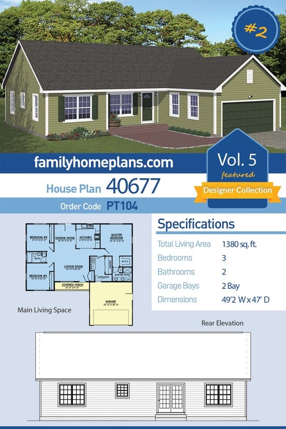Ranch, Traditional House Plan 40677 with 3 Beds, 2 Baths, 2 Car Garage