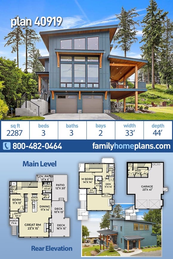 Contemporary, Modern House Plan 40919 with 3 Beds, 3 Baths, 2 Car Garage