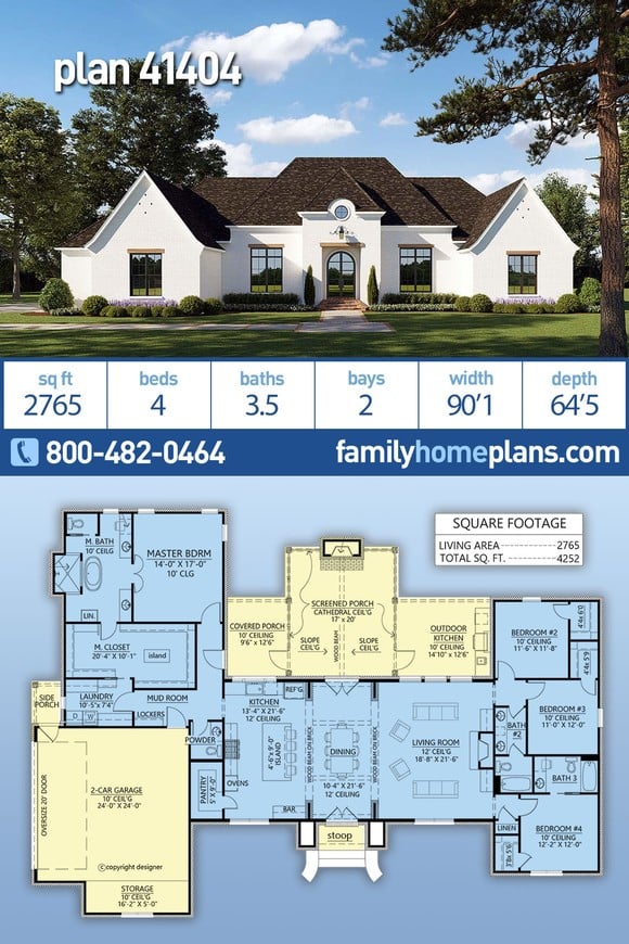 European, French Country, Traditional House Plan 41404 with 4 Beds, 4 Baths, 2 Car Garage