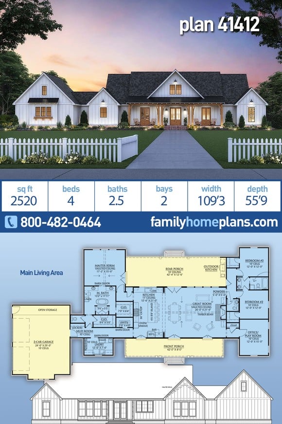 Country, Farmhouse, New American Style, Traditional House Plan 41412 with 4 Beds, 3 Baths, 2 Car Garage