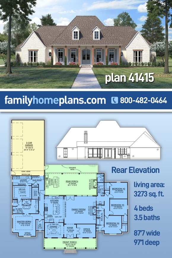 Acadian, Country, European, French Country House Plan 41415 with 4 Beds, 4 Baths, 3 Car Garage
