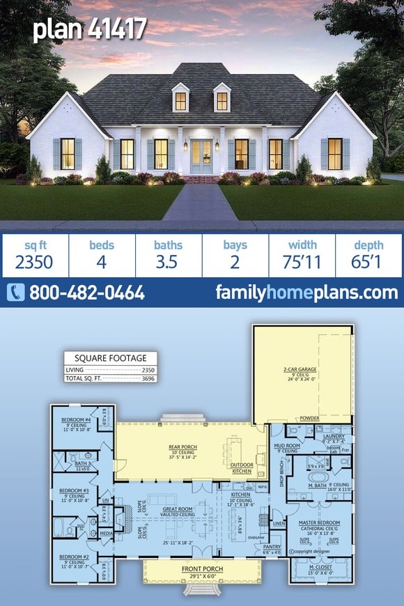 Acadian, Colonial, Country, Southern House Plan 41417 with 4 Beds, 4 Baths, 2 Car Garage