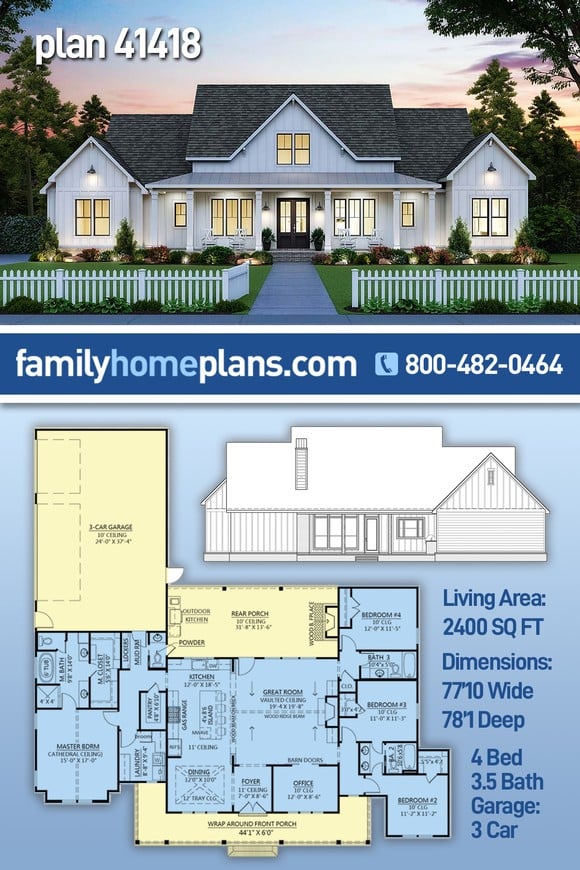 Country, Farmhouse, New American Style House Plan 41418 with 4 Beds, 4 Baths, 3 Car Garage