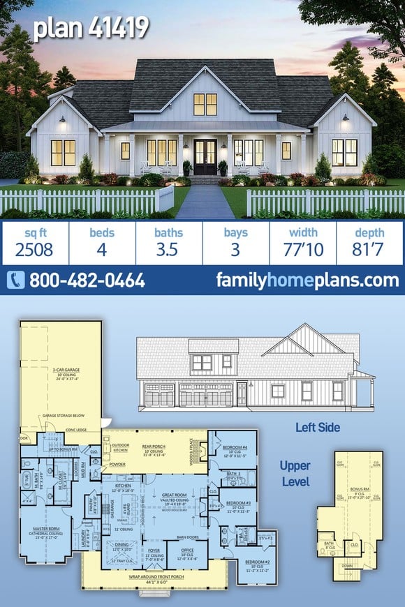 Country, Farmhouse, New American Style House Plan 41419 with 4 Beds, 4 Baths, 3 Car Garage