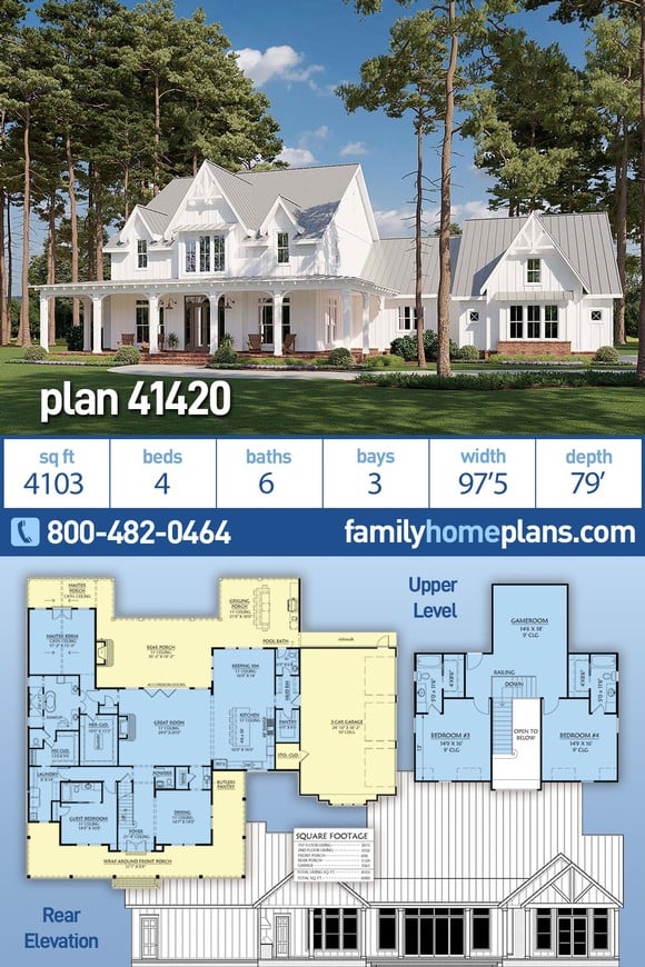 Country, Farmhouse House Plan 41420 with 4 Beds, 6 Baths, 3 Car Garage