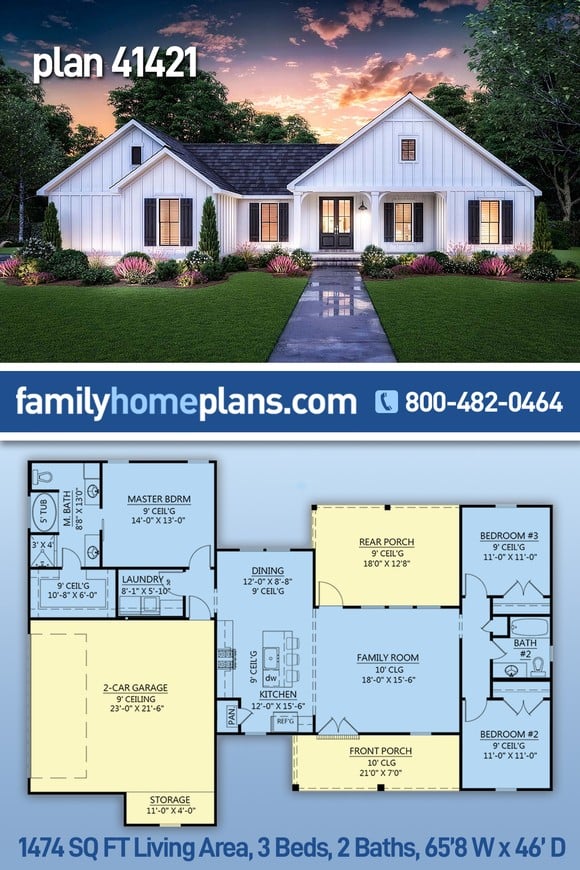 Country, Farmhouse, New American Style House Plan 41421 with 3 Beds, 2 Baths, 2 Car Garage
