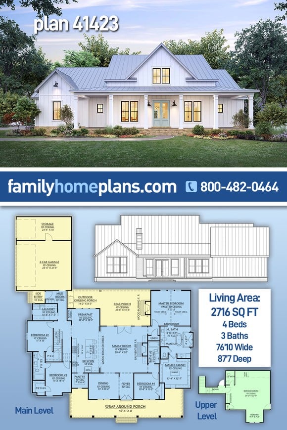 Country, Farmhouse, New American Style House Plan 41423 with 4 Beds, 3 Baths, 2 Car Garage