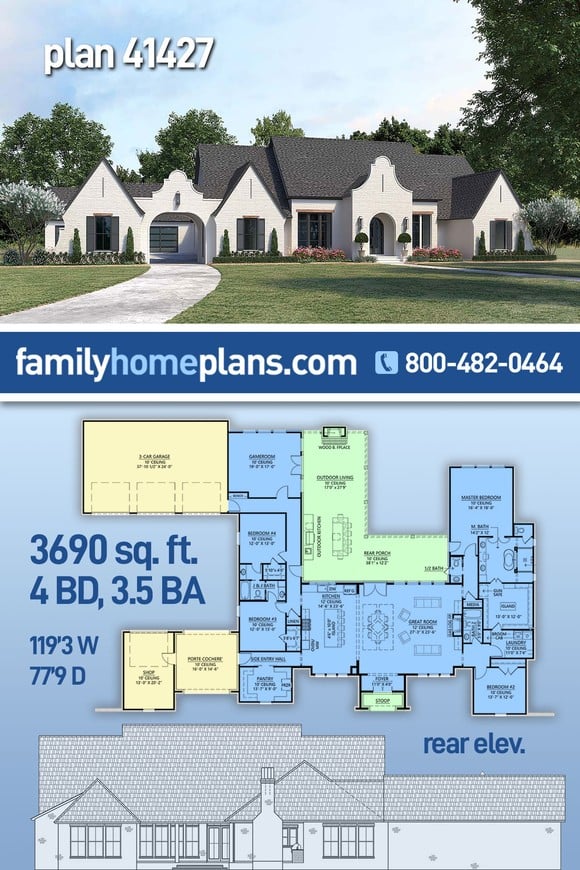 European, Santa Fe, Southwest House Plan 41427 with 4 Beds, 4 Baths, 3 Car Garage