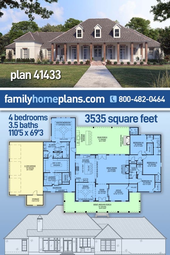 Acadian, Country, Southern House Plan 41433 with 4 Beds, 4 Baths, 3 Car Garage