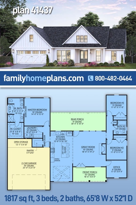 Farmhouse, New American Style House Plan 41437 with 3 Beds, 2 Baths, 2 Car Garage