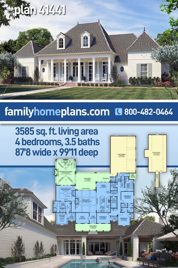 Acadian, French Country House Plan 41441 with 4 Beds, 4 Baths, 3 Car Garage