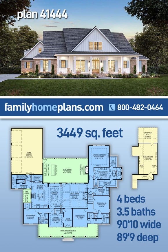 Farmhouse, New American Style, Southern House Plan 41444 with 4 Beds, 4 Baths, 3 Car Garage