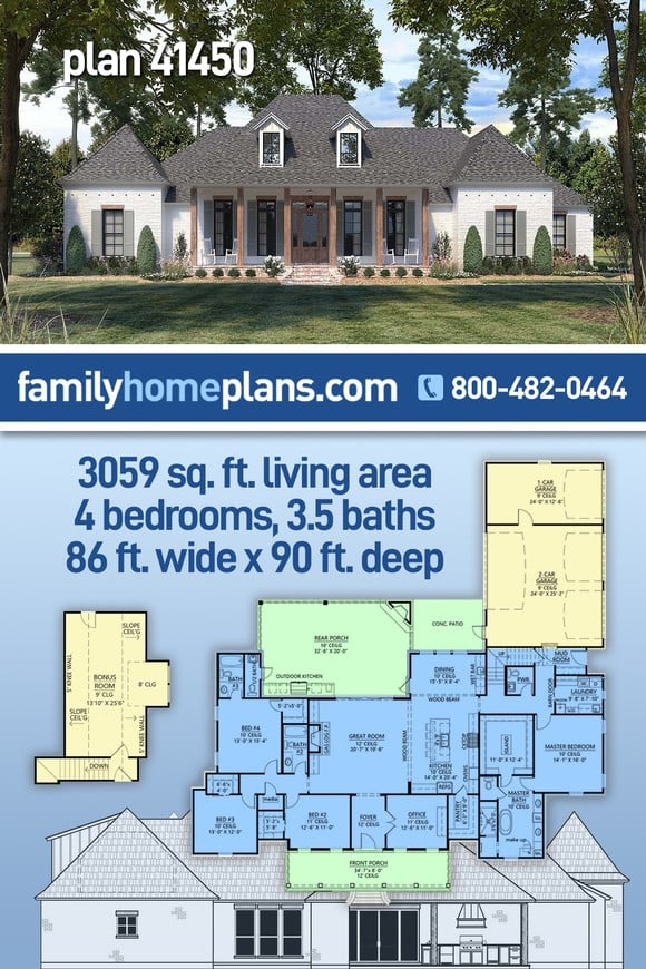 Acadian, Southern House Plan 41450 with 4 Beds, 5 Baths, 3 Car Garage
