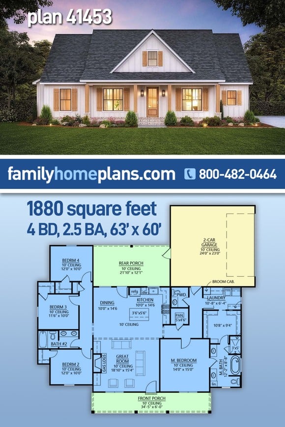 Country, Farmhouse, New American Style House Plan 41453 with 4 Beds, 3 Baths, 2 Car Garage