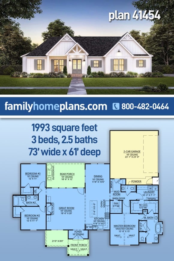 Country, Farmhouse, New American Style House Plan 41454 with 3 Beds, 3 Baths, 2 Car Garage