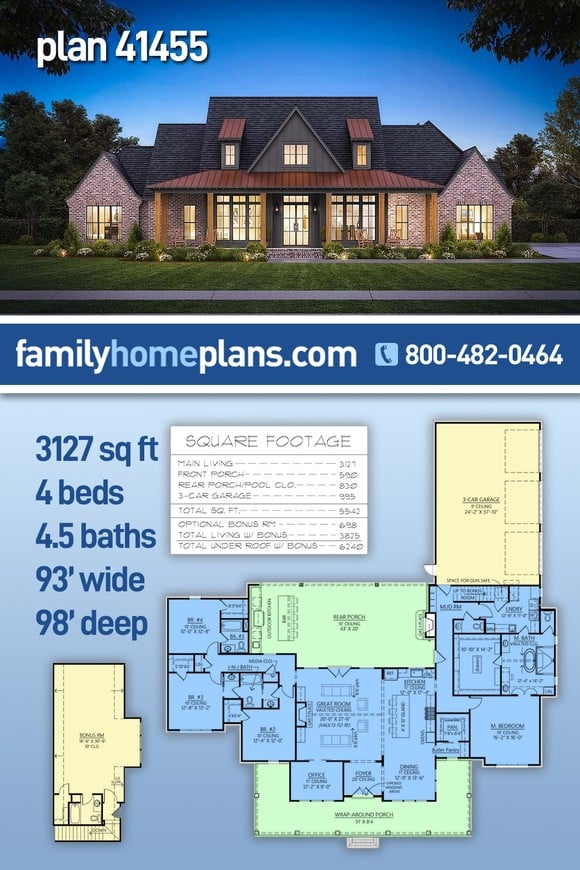 Country, Farmhouse, New American Style House Plan 41455 with 4 Beds, 5 Baths, 3 Car Garage