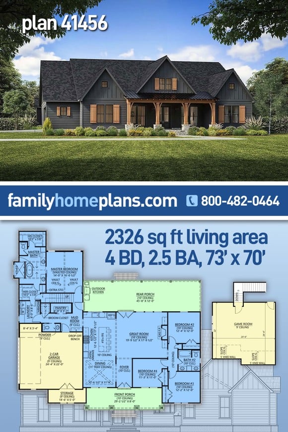 Country, Farmhouse, New American Style House Plan 41456 with 4 Beds, 3 Baths, 2 Car Garage