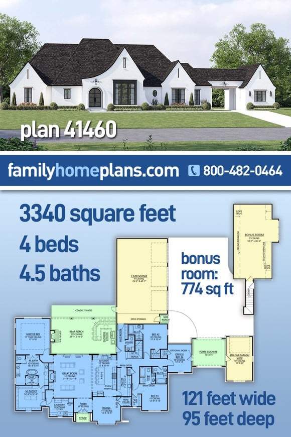 European, French Country, Traditional House Plan 41460 with 4 Beds, 5 Baths, 4 Car Garage