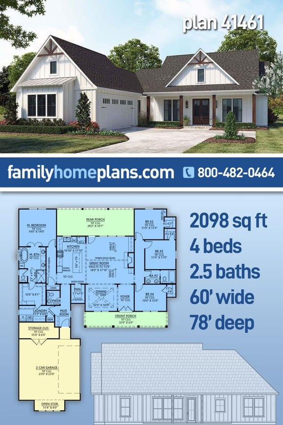 Farmhouse, New American Style, Ranch House Plan 41461 with 4 Beds, 3 Baths, 2 Car Garage