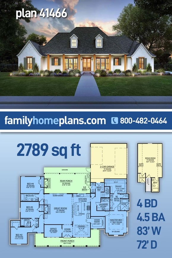 Acadian, Southern House Plan 41466 with 4 Beds, 5 Baths, 2 Car Garage