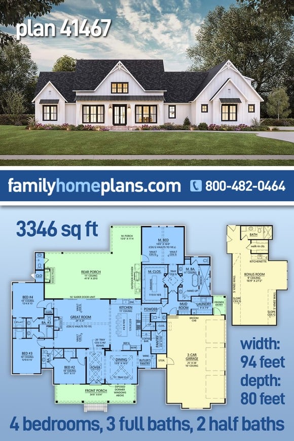Farmhouse, New American Style, One-Story, Ranch House Plan 41467 with 4 Beds, 5 Baths, 3 Car Garage