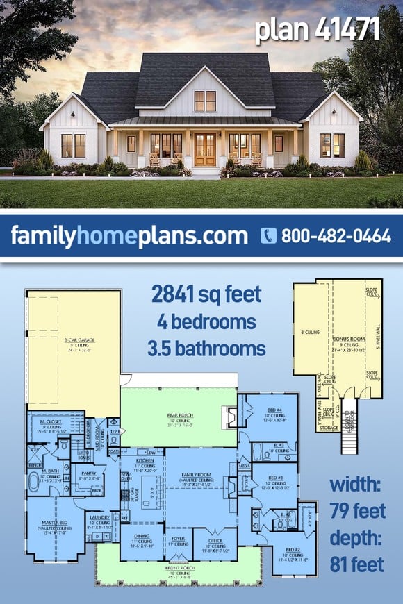 Country, Farmhouse, New American Style House Plan 41471 with 4 Beds, 4 Baths, 3 Car Garage
