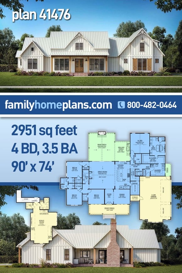 Country, Farmhouse House Plan 41476 with 4 Beds, 4 Baths, 3 Car Garage
