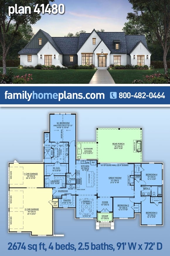 Farmhouse House Plan 41480 with 4 Beds, 3 Baths, 3 Car Garage