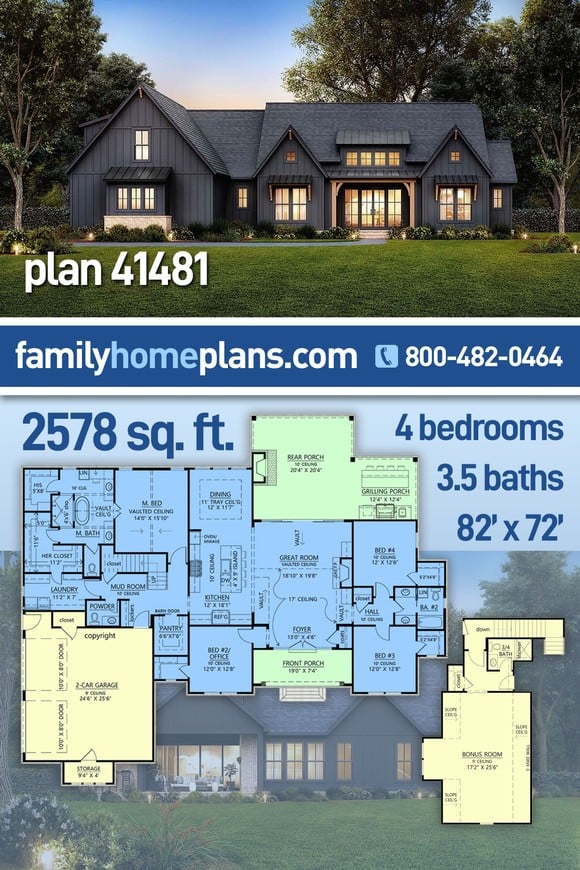Craftsman, Farmhouse House Plan 41481 with 4 Beds, 4 Baths, 2 Car Garage